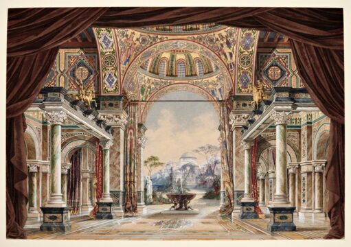 Projet de scène d'Angelo II Quaglio, Grande salle du palais de Justinien pour la représentation séparée de l'opéra THEODORA (Massenet /Sardou) présentée en 1885 au Hof- und Nationaltheater de Munich, Deutsches Theatermuseum de Munich
