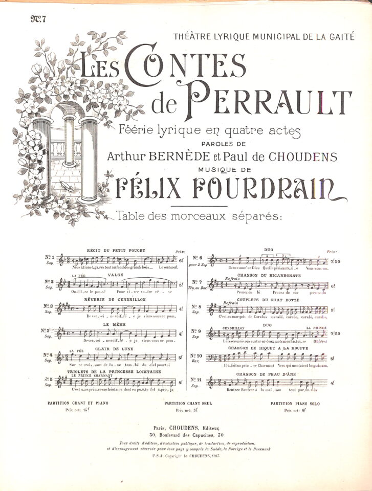 Table des morceaux separes des Contes de Perrault Bernede Choudens Fourdrain 1 1