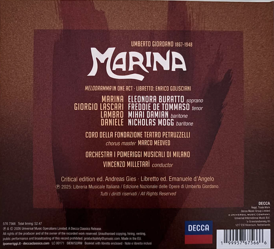 Umberto Giordano : Marina / Premier enregistrement mondial chez Decca. 4 Marina libretto Decca